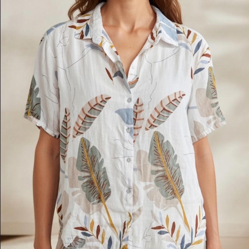 Linen Cynthia Rowley Tropical Leaf Print Shirt Resortwear